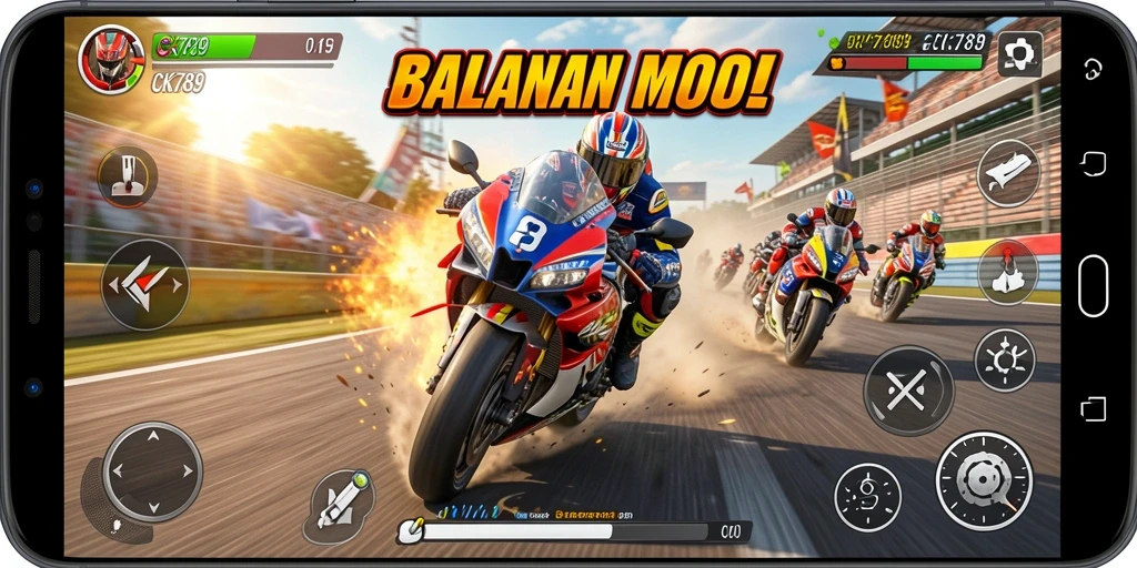 Tampilan gameplay CK789 dengan balapan motor yang intens dan mendebarkan.
