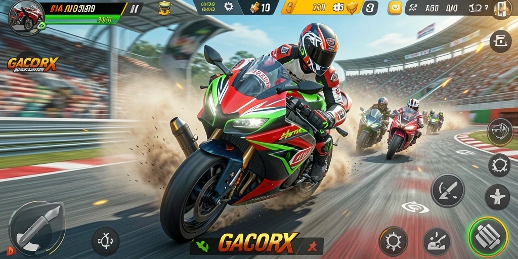 Screenshot gameplay GACORX menampilkan aksi balapan motor menegangkan.