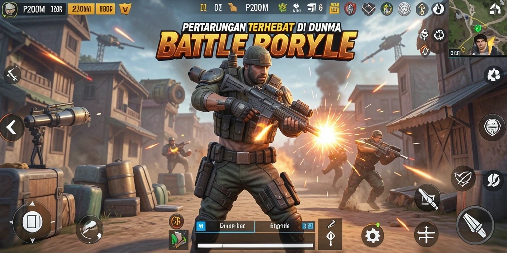 Screenshot gameplay P200M menampilkan aksi Battle Royale yang intens.